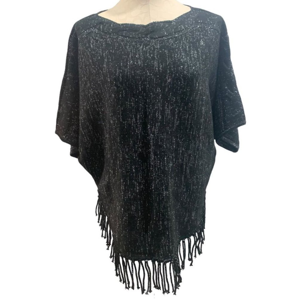 Medium NY Collection Women's Black Silver Fringed Sweater Short Raglan Sleeve